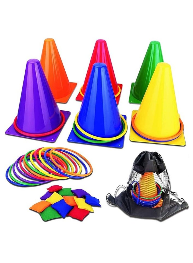 Coolchic 3 in 1 Outdoor Games Combo Set for Kids, 31PCS Yard Lawn Game, Soft Plastic Cones Bean Bags Ring Toss Game, Gift for Birthday Party/Carnival - Image 1