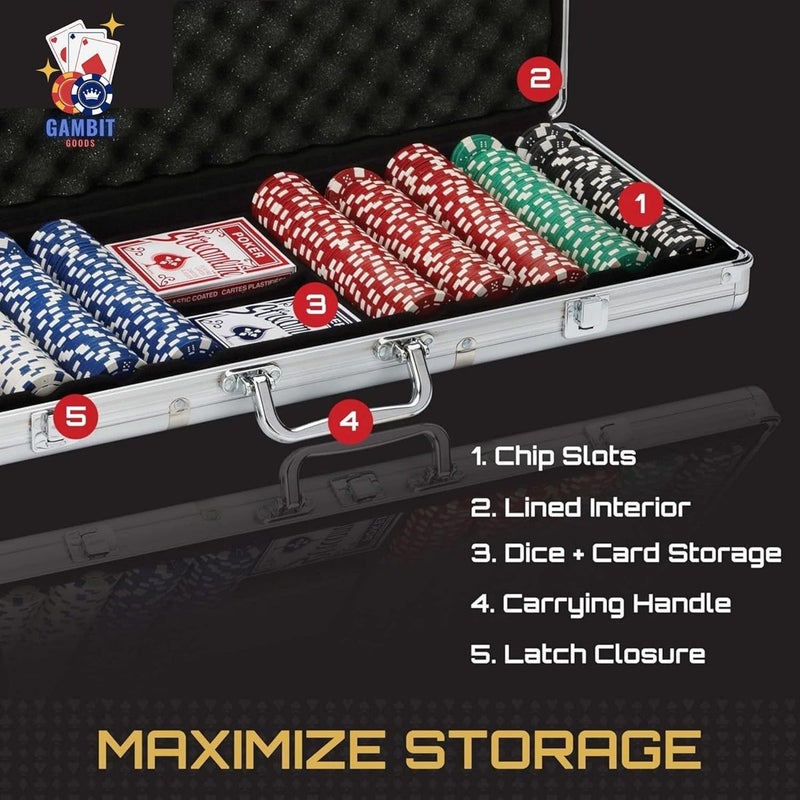 Gambit Goods Adult Casino Style Poker Chips Set with Aluminum Case, Card Game, Dice u0026 Dealer Button - Image 5