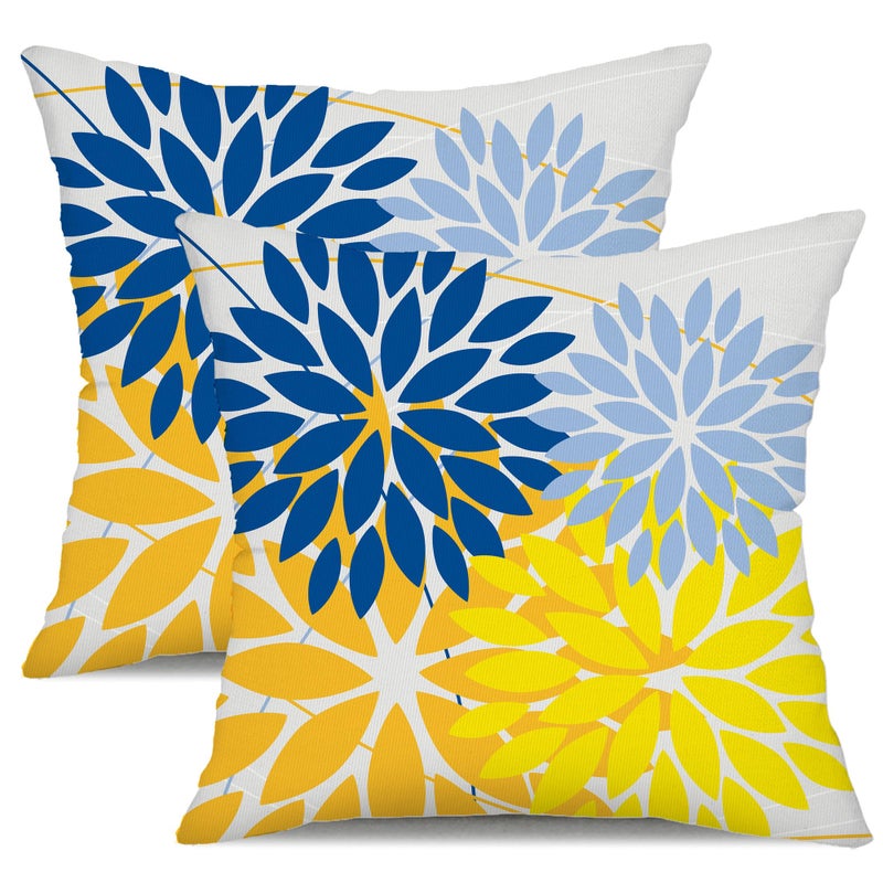 DFXSZ Outdoor Pillow Covers 18x18 Inch Set of 2 Yellow Blue Flower Decorative Waterproof Spring Summer Outdoor Pillow Covers for Patio Funiture Garden Couch 168E18 - Image 1