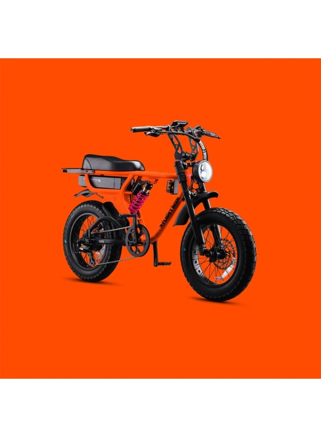 Flight Risk FR555 Electric Bike in Orange with 1000W Max Power Output, Front Exsho & Mid-Range Suspension, 4-Piston Tektro Hydraulic Disc Brakes, Full-Frame Design for Enhanced Stability and Performance - Image 3