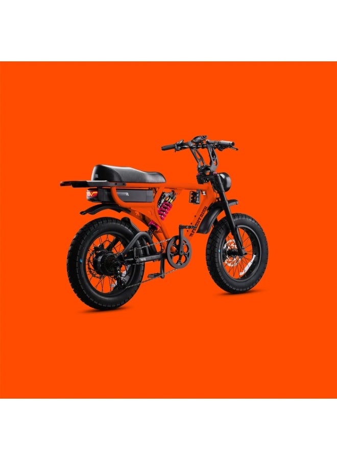 Flight Risk FR555 Electric Bike in Orange with 1000W Max Power Output, Front Exsho & Mid-Range Suspension, 4-Piston Tektro Hydraulic Disc Brakes, Full-Frame Design for Enhanced Stability and Performance - Image 4