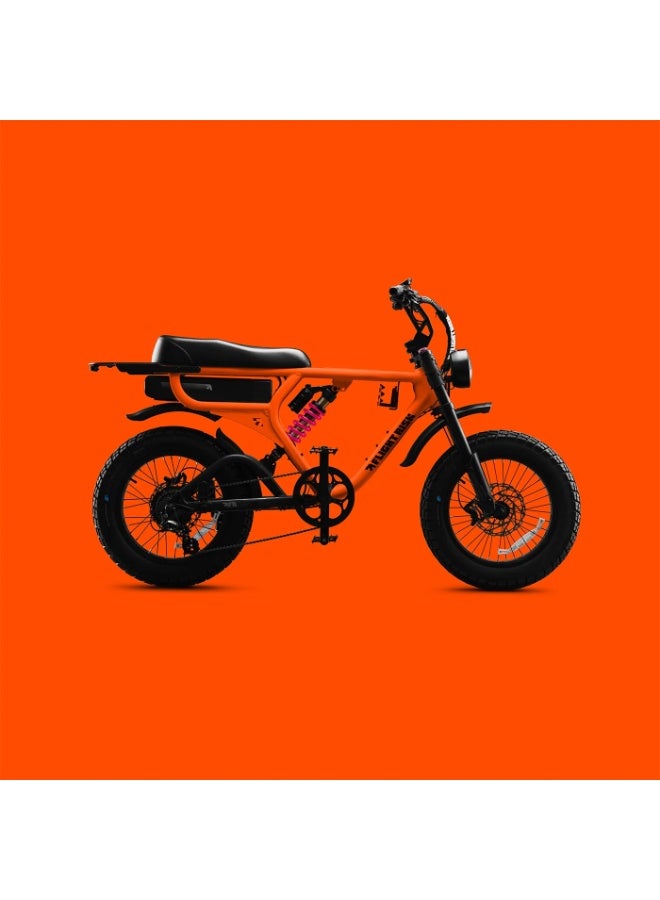 Flight Risk FR555 Electric Bike in Orange with 1000W Max Power Output, Front Exsho & Mid-Range Suspension, 4-Piston Tektro Hydraulic Disc Brakes, Full-Frame Design for Enhanced Stability and Performance - Image 2