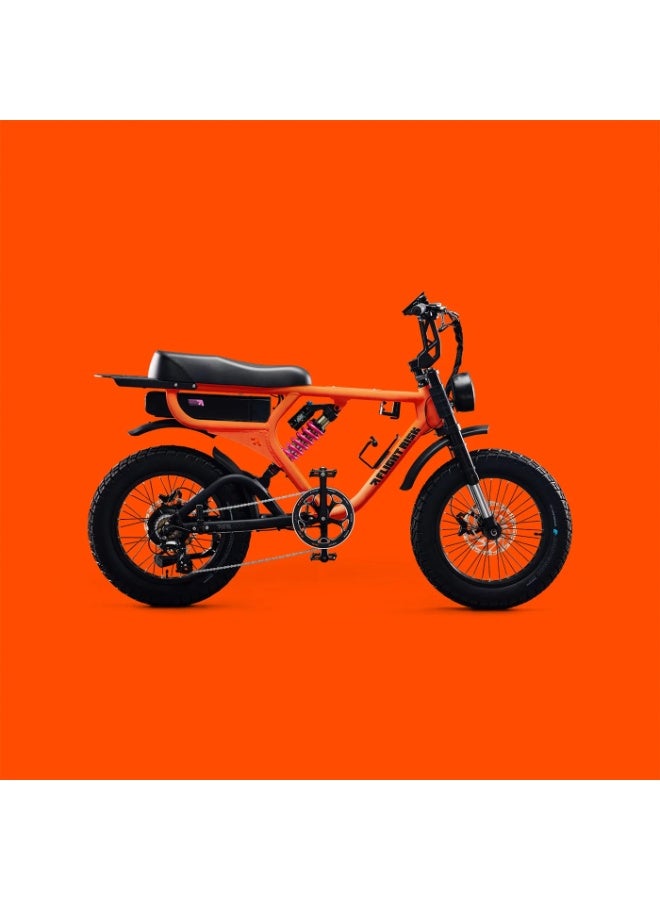 Flight Risk FR555 Electric Bike in Orange with 1000W Max Power Output, Front Exsho & Mid-Range Suspension, 4-Piston Tektro Hydraulic Disc Brakes, Full-Frame Design for Enhanced Stability and Performance - Image 1