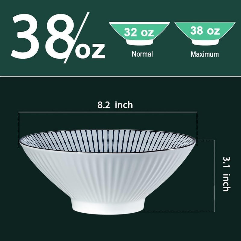 QINLANG 38 oz Japanese Ramen Bowls Set of 6, Pho Bowls, 8 Inches Blue and White Ceramic Soup Bowls, Stripe Pattern - Image 2