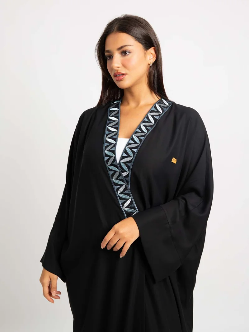 Kaafmeem Black Shadow Leaf Wide-fit Abaya