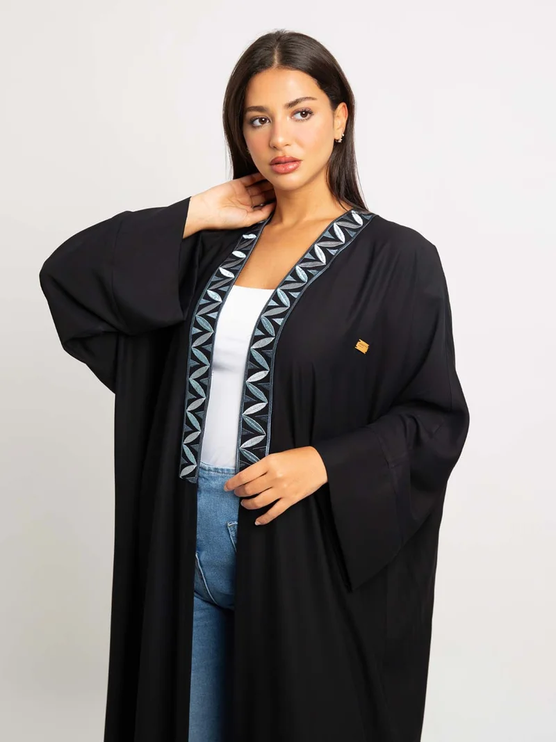 Kaafmeem Black Shadow Leaf Wide-fit Abaya