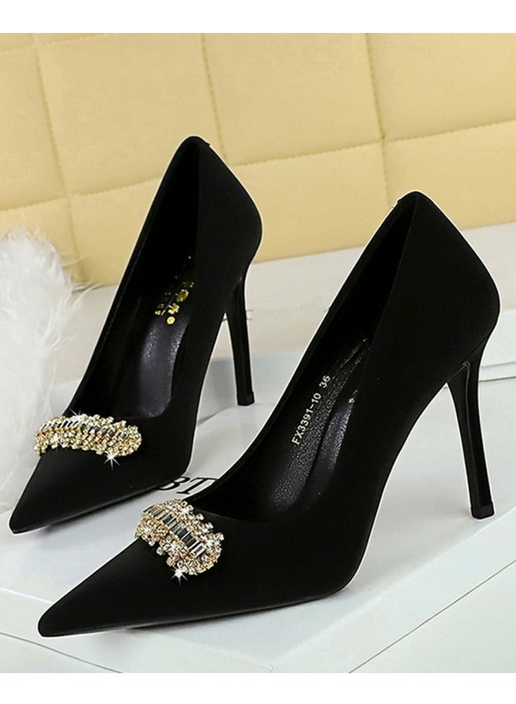 بيج تري المرأة مغلقة أشارت إصبع القدم كعب عالي الراينست الديكور المضخات الأسود 10CM - Image 1