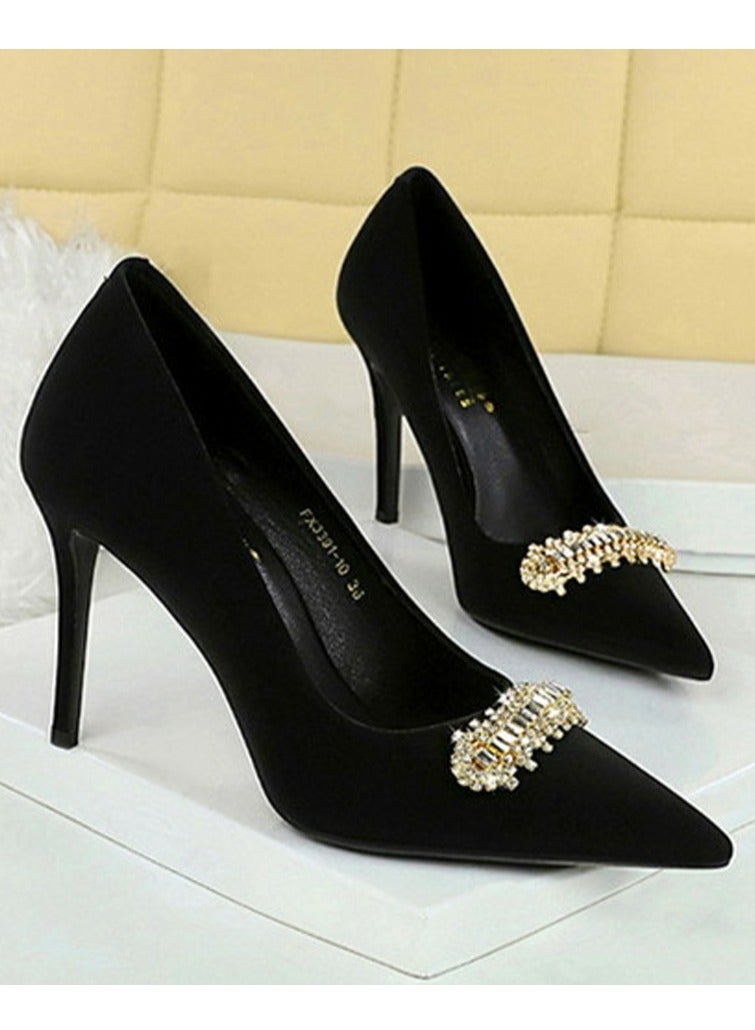 بيج تري المرأة مغلقة أشارت إصبع القدم كعب عالي الراينست الديكور المضخات الأسود 10CM - Image 2