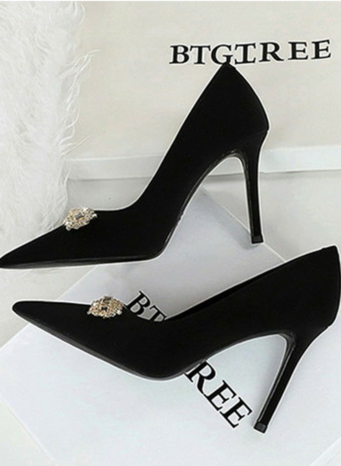 بيج تري المرأة مغلقة أشارت إصبع القدم كعب عالي الراينست الديكور المضخات الأسود 10CM - Image 3