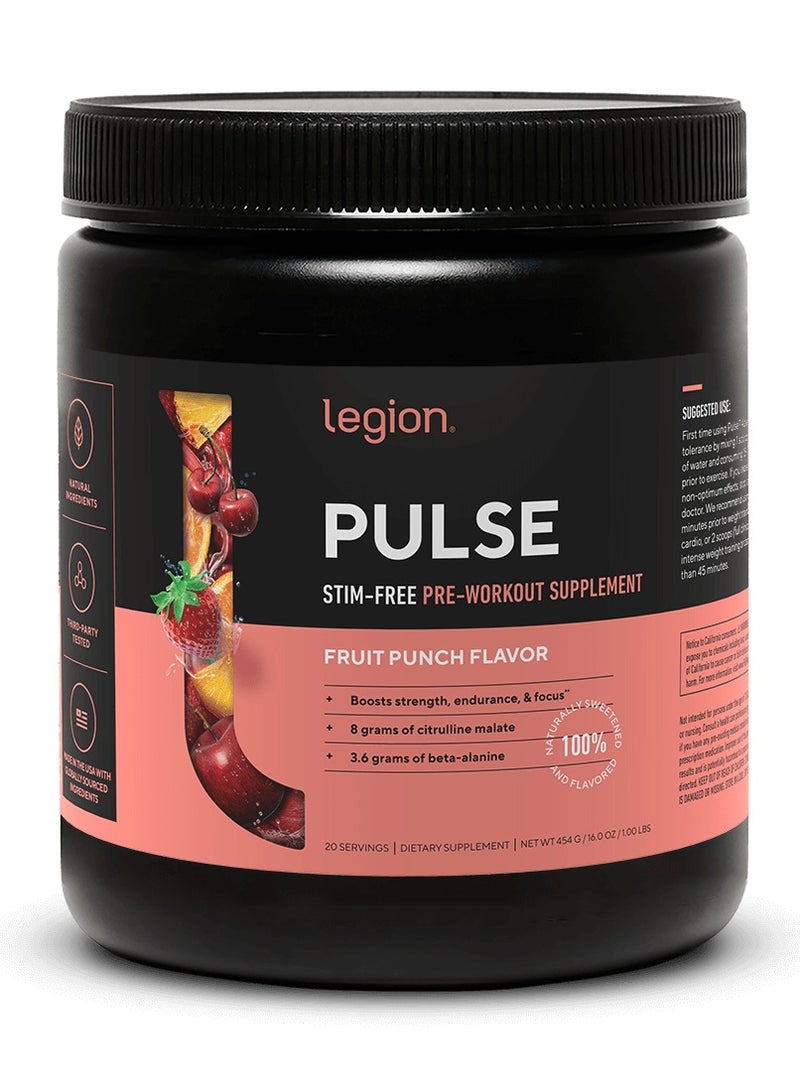 Legion Athletics Pulse  Stim-Free Pre Workout Supplement Fruit Punch Naturally Sweetened & Flavored, Increases energy & focus, Enhances strength & endurance, Reduces fatigue	 20 Servings | Dietary Supplement , NET WT 454G/ 16.0Oz/ 1.00Lbs - Image 1