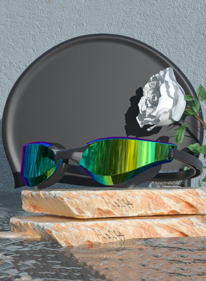 نظارات سباحة شفافة عالية الدقة مطلية بالذهب الأسود مكونة من قطعتين للبالغين، نظارات فعالة مضادة للضباب ومقاومة للتآكل وقابلة للتعديل، نظارات عالية الجودة محكمة الغلق ومقاومة للماء، جسر أنف من السيليكون (نظارات سباحة + قبعة سباحة) - Image 1