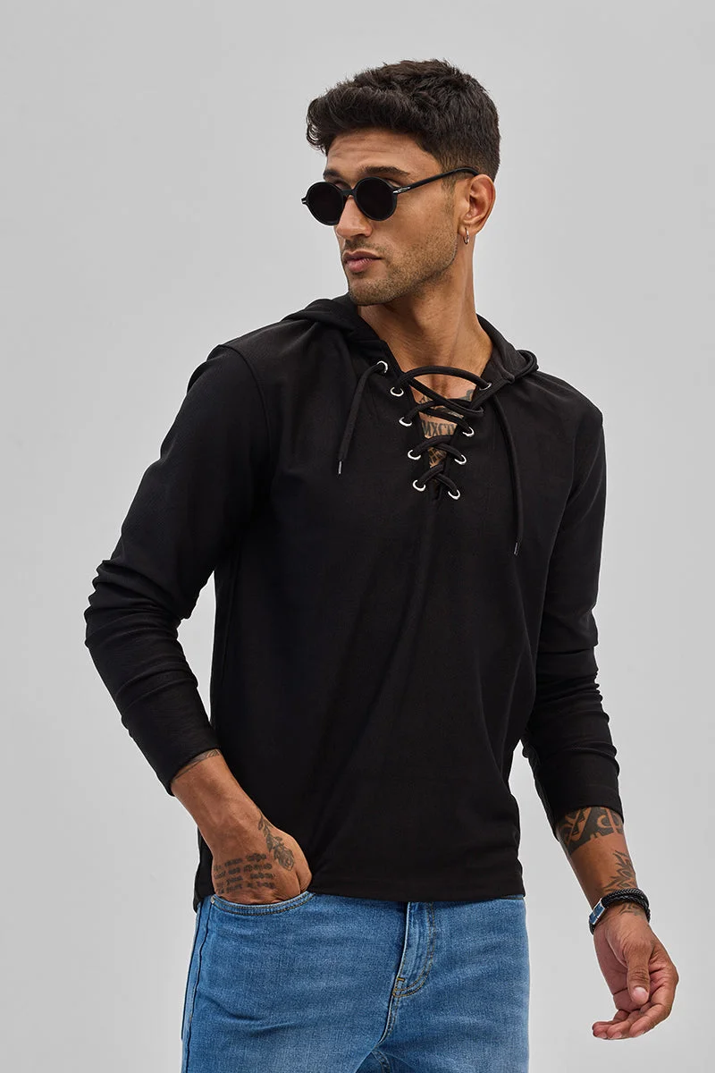 SNITCH Black Lace-Up Textured Hoodie
