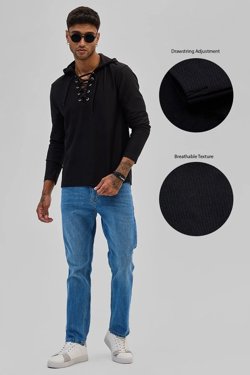 سنيتش هودي أسود بنسيج مزخرف بأربطة