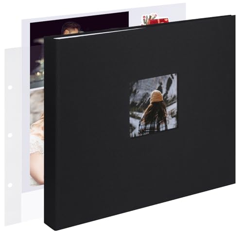 1DOT2 12x12 Inch Large 3 Ring DIY Scrapbook Photo Album Journal with 30 Plastic Sleeves 60 Pages and Fabric Cover for Baby Travel Wedding Anniversary kids Adventure (Black Cover/White Pages) - Image 1