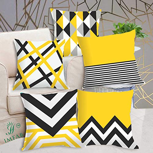 IM FAB Digital Printed Decorative Canvas Cotton Cushion Covers, Yellow and Black, Set of 5 pcs (16X16 inches or 40X40 cms) - Image 1