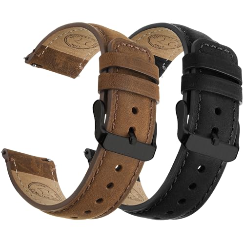 Fullmosa 18mm 20mm 22mm 24mm Leather Watch Bands 2 Pack Soft Quick Release Watch Strap Compatible with Garmin Vivoactive 5643 Venu 43S2S Samsung Galaxy Fossil Amazfit for Men Women22mm Saddle BrownBlackBlackBlack - Image 1