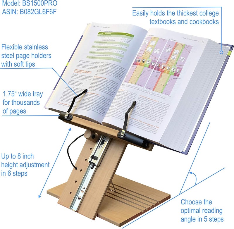 A+ BOOK STAND BS1500PRO Large Portable Height Adjustable Foldable Eye-Level Ergonomic Bookstand Holder for Reading Hands Free Large Thick Heavy College Textbooks Tablets Neck Pain Free - Image 2