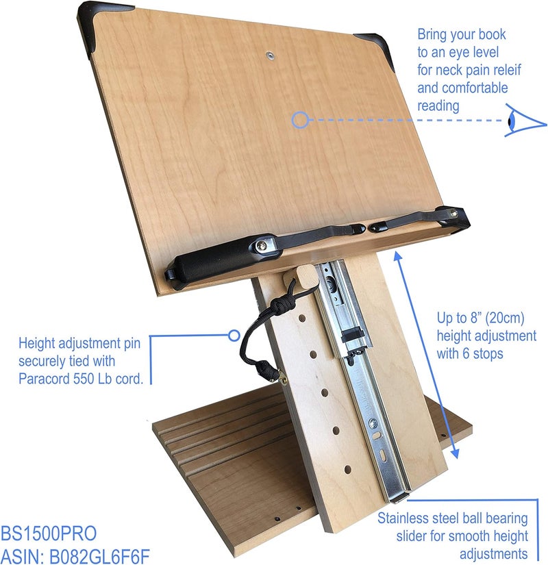 A+ BOOK STAND BS1500PRO Large Portable Height Adjustable Foldable Eye-Level Ergonomic Bookstand Holder for Reading Hands Free Large Thick Heavy College Textbooks Tablets Neck Pain Free - Image 4