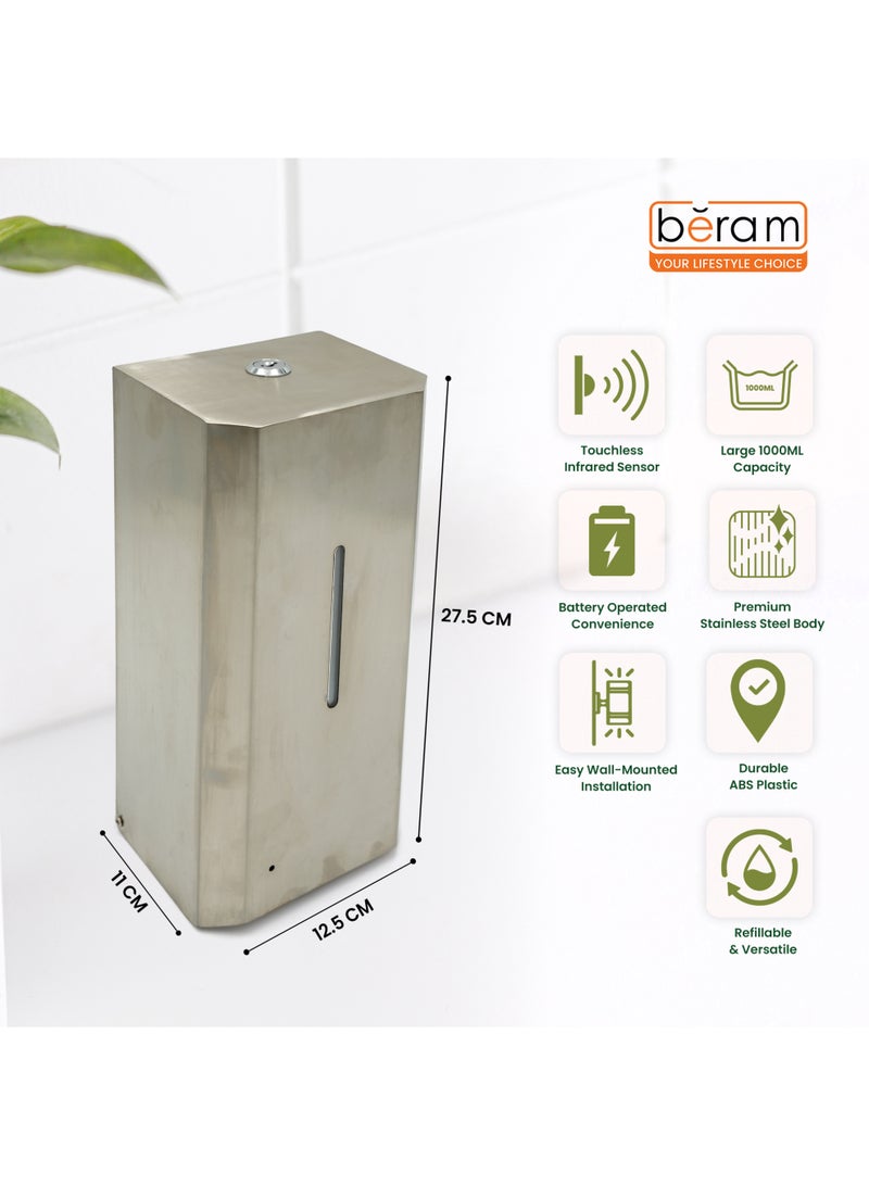 Beram Automatic Soap Dispenser Wall Mounted 1000ml Touchless Infrared Sensor Dispenser Stainless Steel Finish Battery Operated for Commercial & Home Use - Image 2