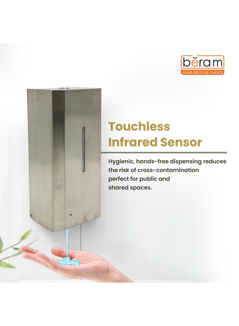 Beram Automatic Soap Dispenser Wall Mounted 1000ml Touchless Infrared Sensor Dispenser Stainless Steel Finish Battery Operated for Commercial & Home Use - Image 5