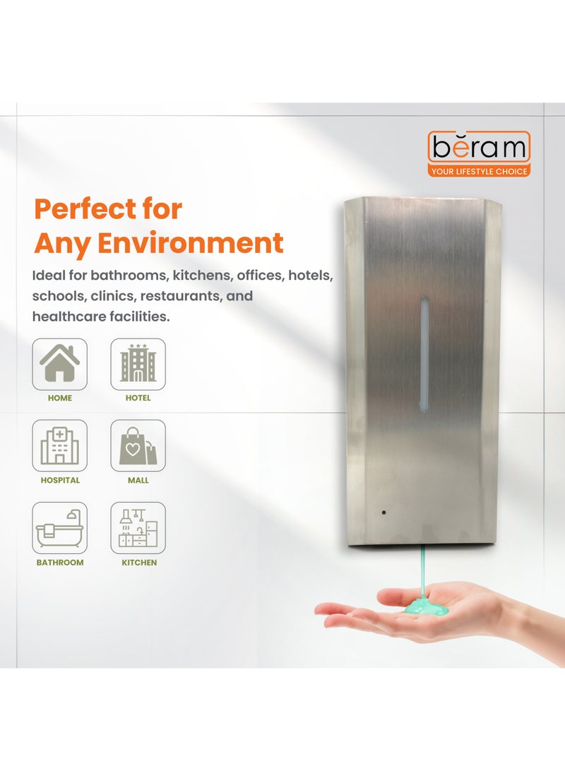 Beram Automatic Soap Dispenser Wall Mounted 1000ml Touchless Infrared Sensor Dispenser Stainless Steel Finish Battery Operated for Commercial & Home Use - Image 3