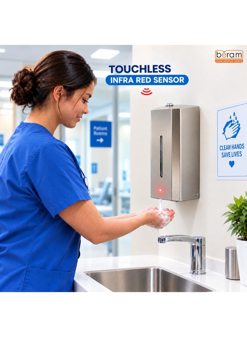 BERAM Automatic Soap Dispenser 1000ml, Wall-Mounted Touchless Infrared Sensor Soap Pump, Refillable Stainless Steel Liquid Dispenser, Battery Powered for Bathroom, Kitchen, Hotel & Office - Image 4