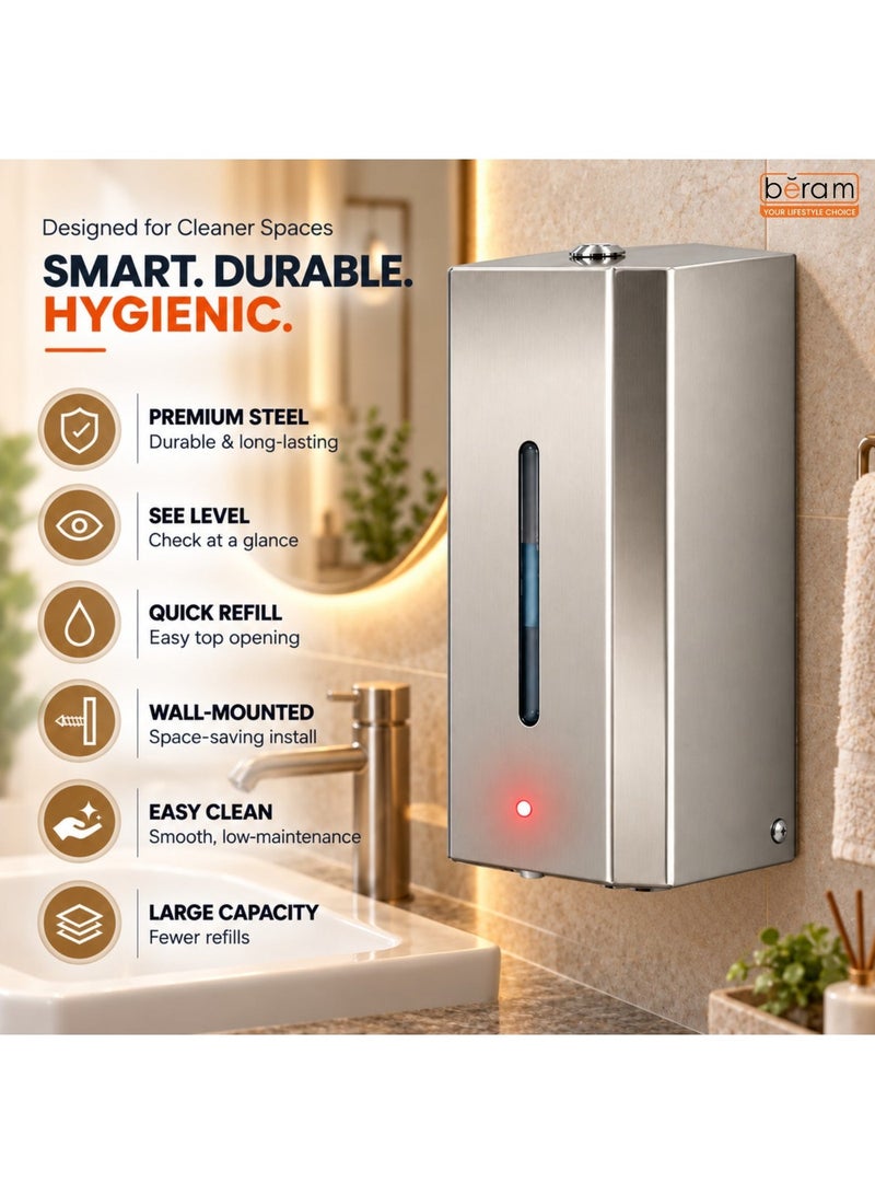 BERAM Automatic Soap Dispenser 1000ml, Wall-Mounted Touchless Infrared Sensor Soap Pump, Refillable Stainless Steel Liquid Dispenser, Battery Powered for Bathroom, Kitchen, Hotel & Office - Image 2