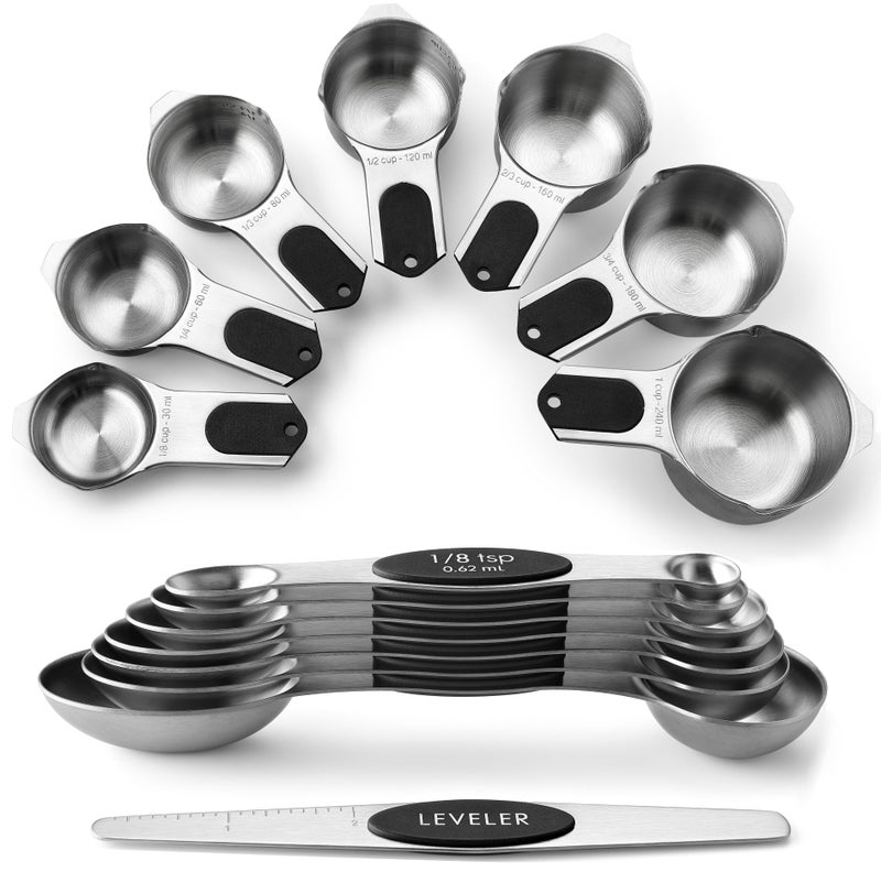 Spring Chef Magnetic Measuring Cups & Spoons Set, Patented, Strong N45 Magnets, Heavy Duty Stainless Steel Fits in Spice Jars for Baking & Cooking, BPA Free, Round Set of 15 with Leveler, Black - Image 1