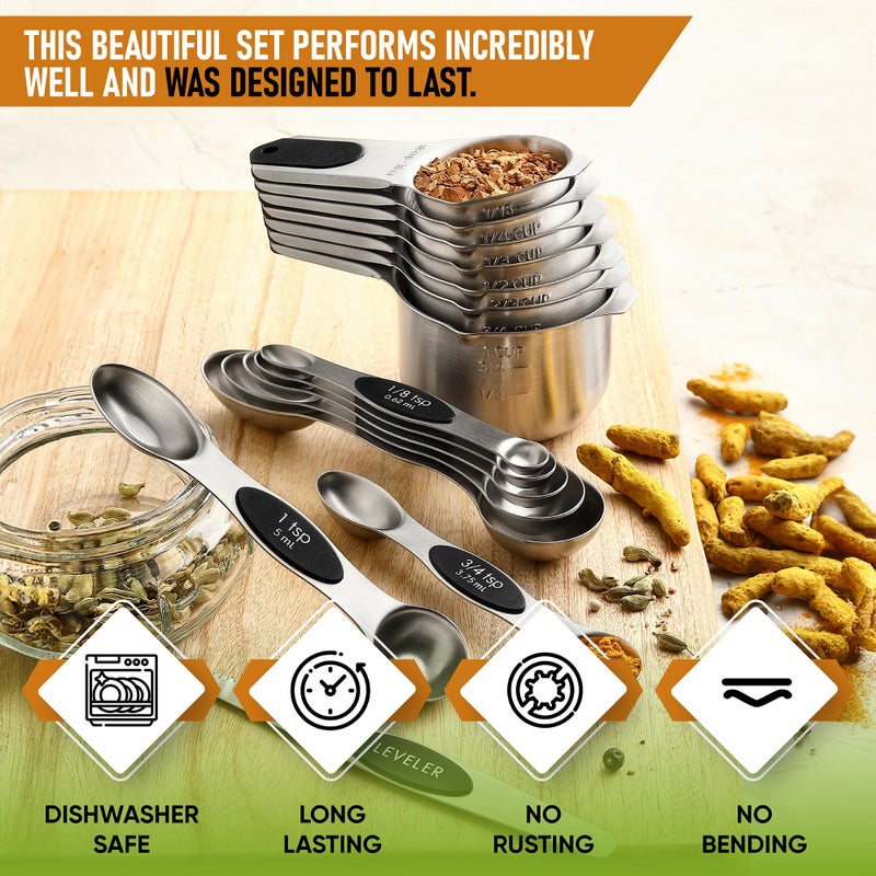 Spring Chef Magnetic Measuring Cups & Spoons Set, Patented, Strong N45 Magnets, Heavy Duty Stainless Steel Fits in Spice Jars for Baking & Cooking, BPA Free, Round Set of 15 with Leveler, Black - Image 2