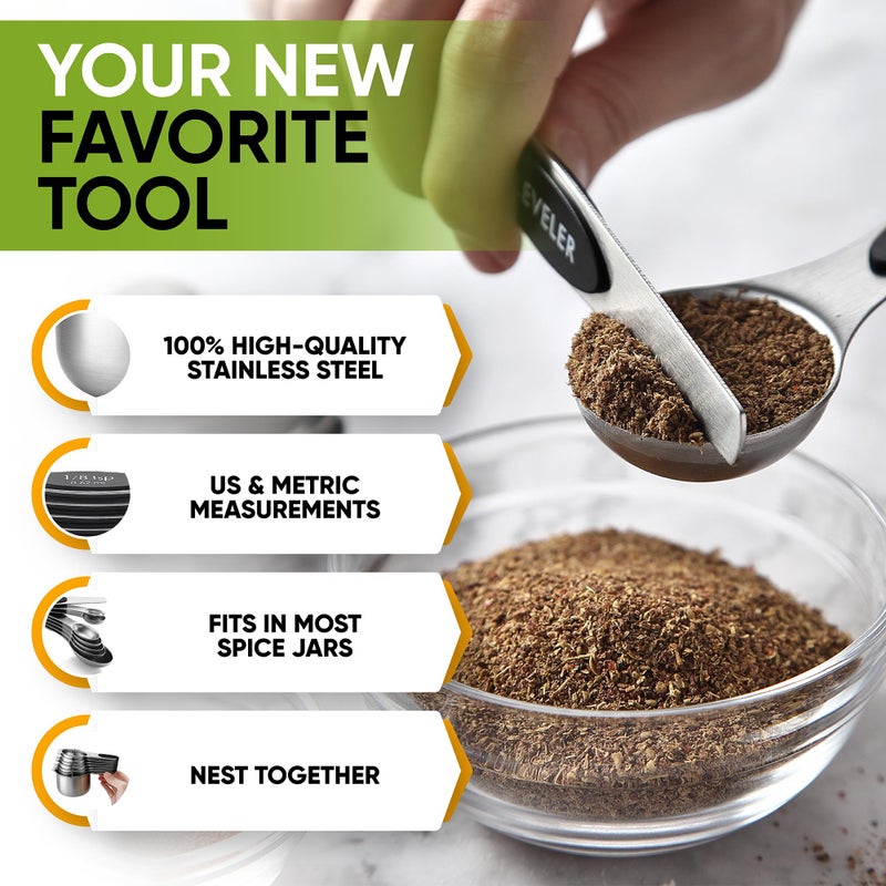 Spring Chef Magnetic Measuring Cups & Spoons Set, Patented, Strong N45 Magnets, Heavy Duty Stainless Steel Fits in Spice Jars for Baking & Cooking, BPA Free, Round Set of 15 with Leveler, Black - Image 5