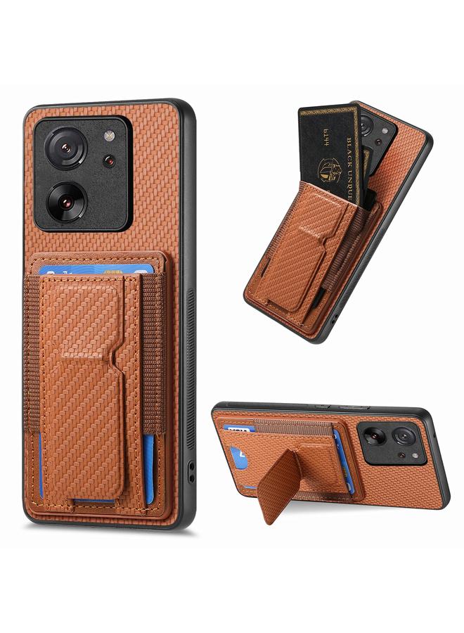 Green Tiger For Xiaomi 13T Carbon Fiber Fold Stand Elastic Card Bag Phone Case(Brown)