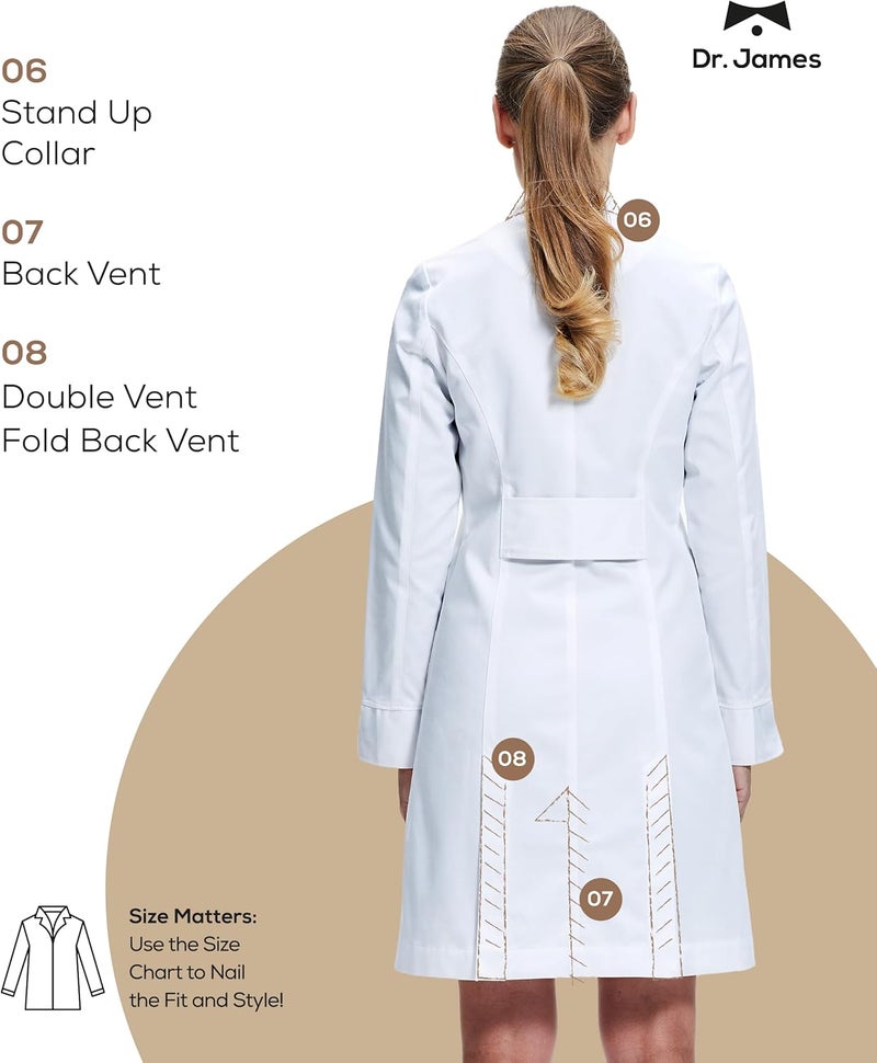 DR. JAMES Premium Lab Coat for Women, Multiple Pockets, Fold Back Cuff, Tailored Fit, Button Closing, 35" Length - Image 2