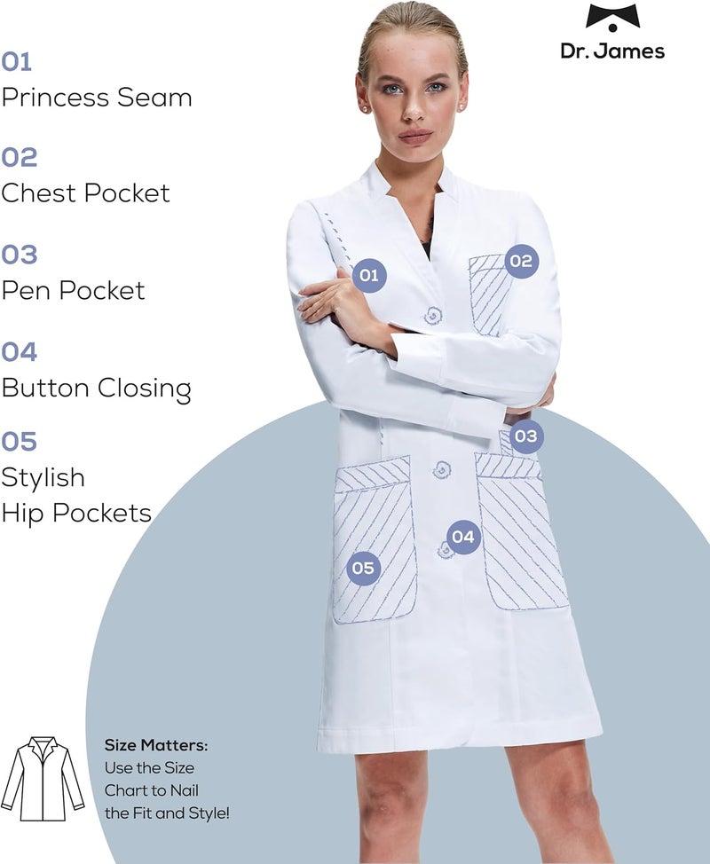 DR. JAMES Premium Lab Coat for Women, Multiple Pockets, Fold Back Cuff, Tailored Fit, Button Closing, 35" Length - Image 1