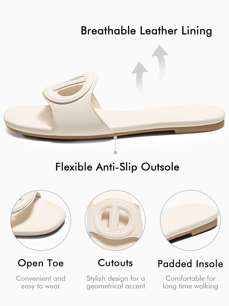Coutgo Womens Dressy Flat Sandals Open Toe Slip on Leather Summer Beach Slide Sandals, Beige, Size 8 - Image 4