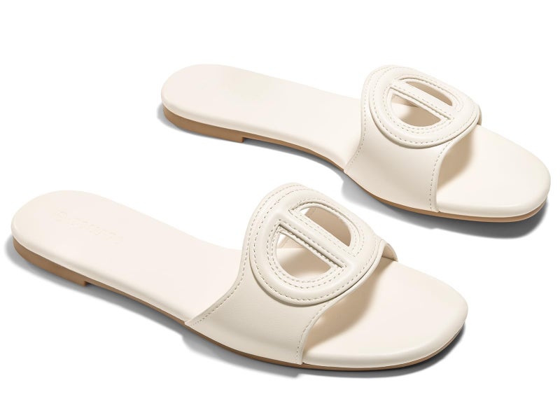 Coutgo Womens Dressy Flat Sandals Open Toe Slip on Leather Summer Beach Slide Sandals, Beige, Size 8 - Image 1