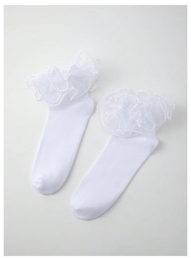 أويوانجل جوارب نسائية من OYOANGLE، زوج واحد، مزينة باللؤلؤ، شفافة، مكشكشة، ناعمة ومريحة، جوارب لوليتا بيضاء، مقاس واحد - Image 3