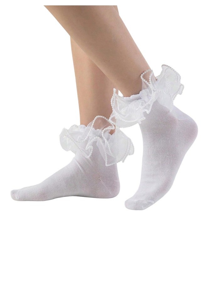 أويوانجل جوارب نسائية من OYOANGLE، زوج واحد، مزينة باللؤلؤ، شفافة، مكشكشة، ناعمة ومريحة، جوارب لوليتا بيضاء، مقاس واحد - Image 1