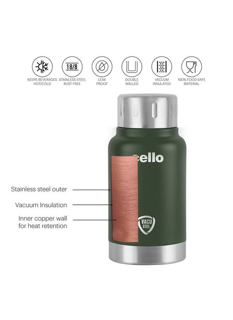 Cello Duro Top Thermosteel Insulated Flask, 350ml, Green | Vacusteel Water Flask with Durable DTP Coating | Leak Proof Flask for Beverages | Ideal for Home, Travel, Office