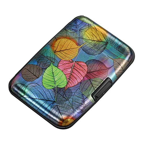 ELFISH Mini RFID Aluminum Wallet Credit Cards Holder Business Card Case Metal ID Case for Men Women（Colorful Leaves - Image 1