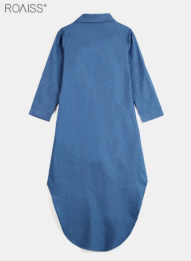 roaiss Women's Casual Denim Shirt Dress Loose Fit Button Closure Denim Dress With Pockets On Both Sides Lightweight Long Dress - Image 5