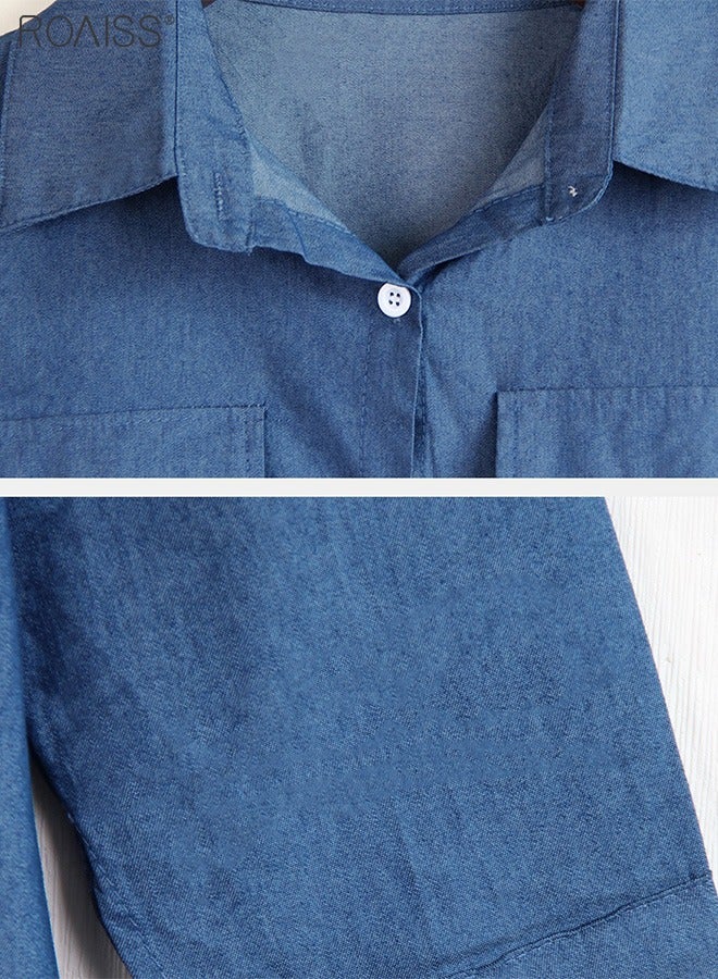 roaiss Women's Casual Denim Shirt Dress Loose Fit Button Closure Denim Dress With Pockets On Both Sides Lightweight Long Dress - Image 3