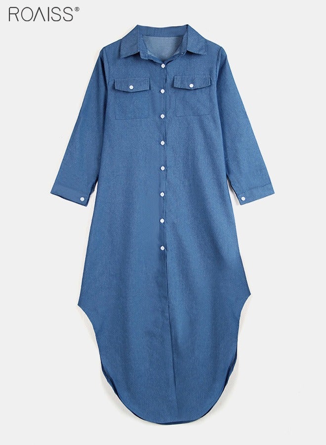 roaiss Women's Casual Denim Shirt Dress Loose Fit Button Closure Denim Dress With Pockets On Both Sides Lightweight Long Dress - Image 4