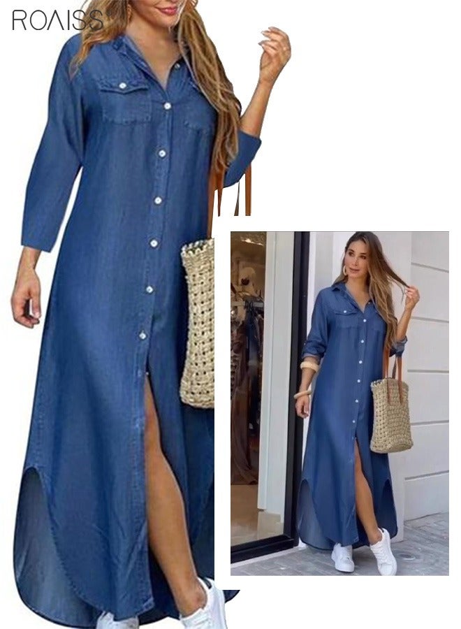 roaiss Women's Casual Denim Shirt Dress Loose Fit Button Closure Denim Dress With Pockets On Both Sides Lightweight Long Dress - Image 2