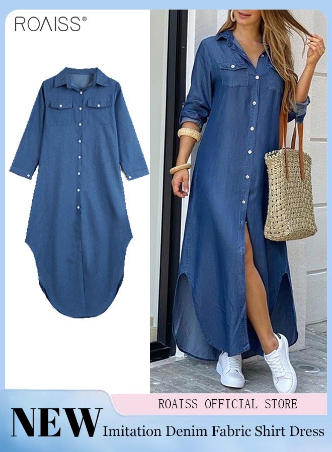 roaiss Women's Casual Denim Shirt Dress Loose Fit Button Closure Denim Dress With Pockets On Both Sides Lightweight Long Dress - Image 1