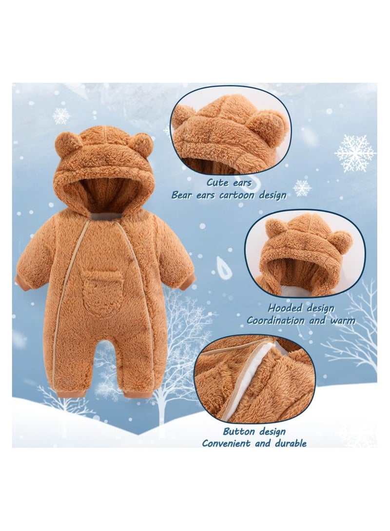 1Pcs Newborn Baby Bear Onesie Outfit Suit Girls Boys Fleece Jumpsuit Romper Hooded Coat Winter Clothes Outwear Snowsuit 59cm Khaki - Image 5