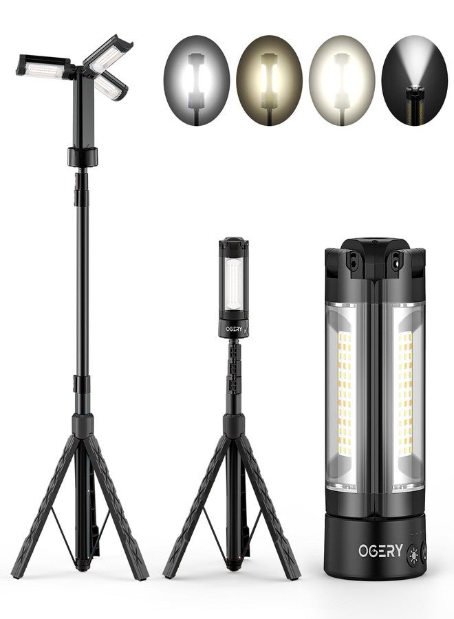 OGERY Rechargeable 10000mAh Camping Light with Stand 6.5 ft Max Height, Cordless Work Light with 3 LED Lamp Heads, 2200 Lumens Camping Essentials Gear Emergency Flashlight with Detachable Tripod - Image 1