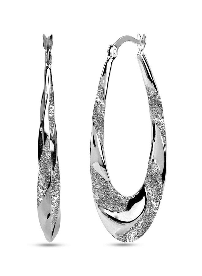 LeCalla Large Sterling Silver Hoop Earrings - High Polish Matte-Finish Textured Shrimp Classic Oval Hoops Earring for Women - 38MM - Image 4
