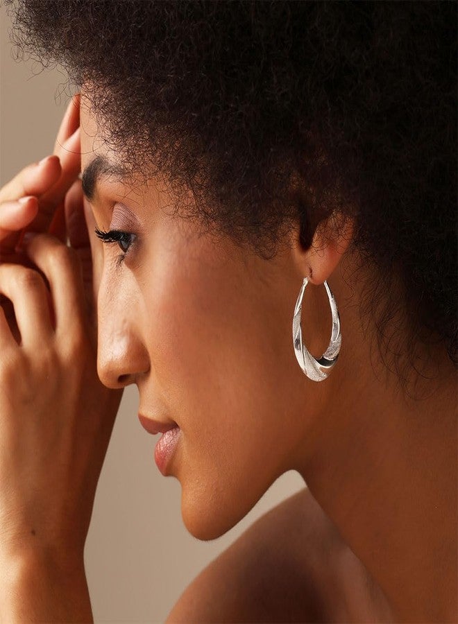 LeCalla Large Sterling Silver Hoop Earrings - High Polish Matte-Finish Textured Shrimp Classic Oval Hoops Earring for Women - 38MM - Image 2