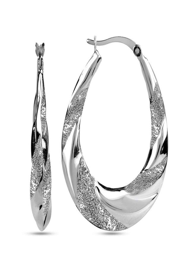 LeCalla Large Sterling Silver Hoop Earrings - High Polish Matte-Finish Textured Shrimp Classic Oval Hoops Earring for Women - 38MM - Image 1