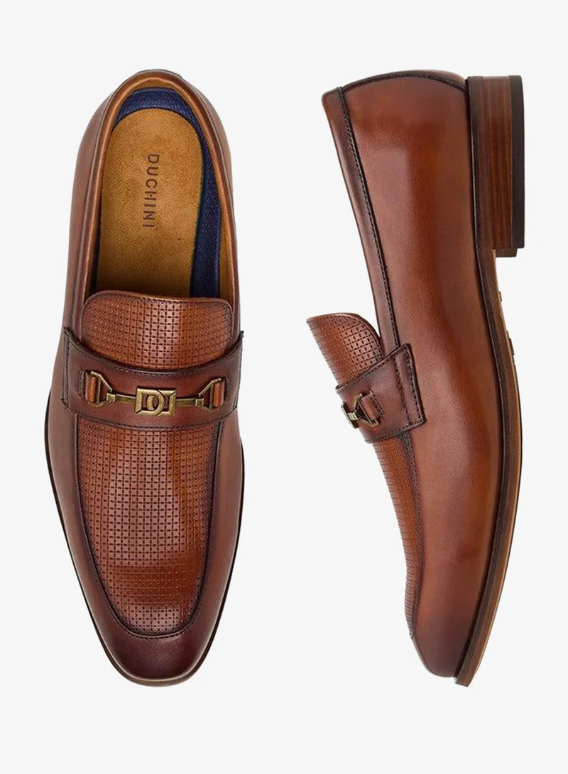 DUCHINI Men's Textured Slip-On Loafers with Metal Accent
